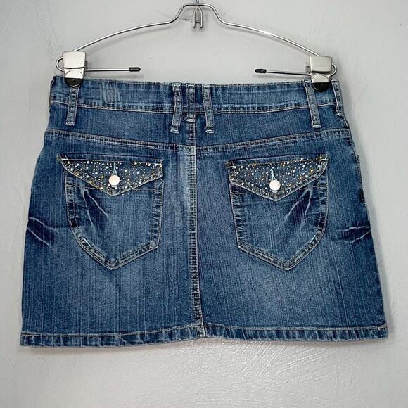 Y2K Zoey Beth Denim Skirt Size Medium Low Rise Mini Blue Jean Embellished Bling - Picture 3 of 10